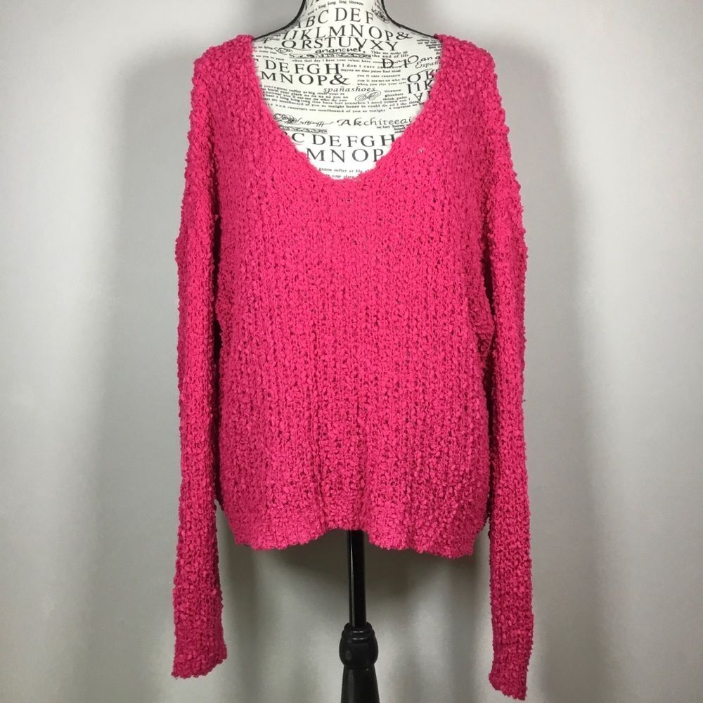 Bright pink slouchy sweater deep vee neck lagenlook winter fall cozy sz M